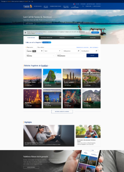 Screenshot von Singapore Airlines Website