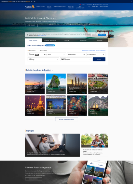 Screenshot von Singapore Airlines Website